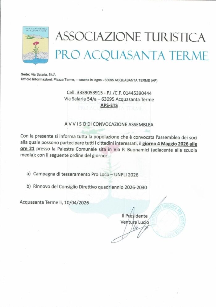 Assemblea pubblica – Pro Acquasanta Terme