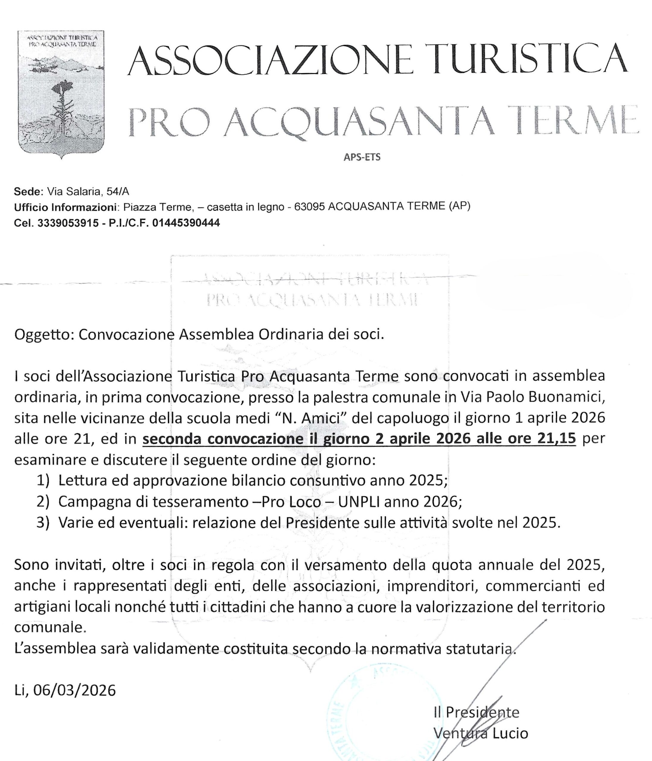 *Convocazione Assemblea Ordinaria dei soci*